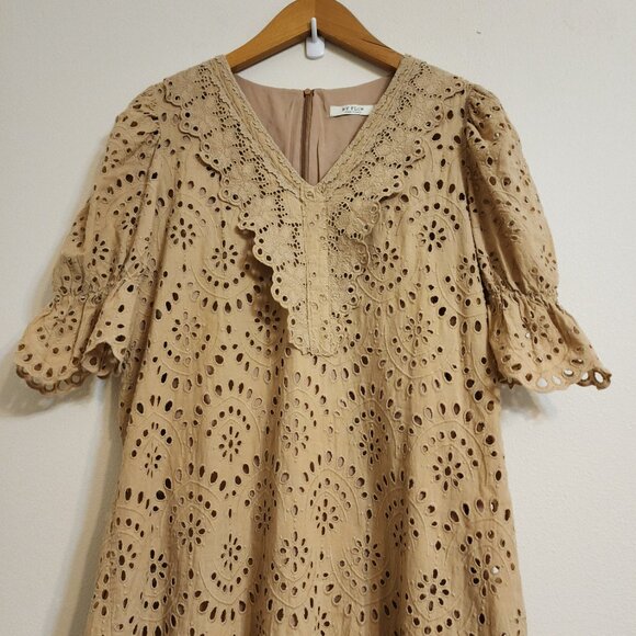 By Flow Mini Dress Eyelet Embroidered Lace Beige V Neck Zip Ruffle Feminine Edgy - Picture 3 of 15